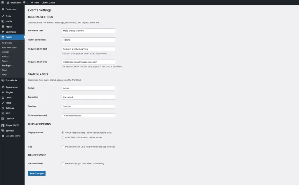 Screenshot of the events settings page showing various options listed below on this page.