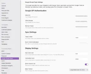 Plugin settings page (1) showing Google API connection, folder and date options
