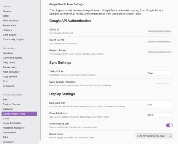 Plugin settings page (1) showing Google API connection, folder and date options