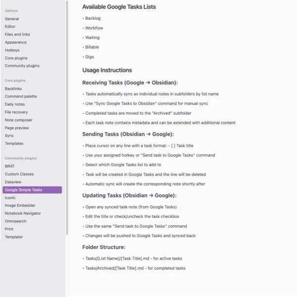 More plugin settings showing existing list names, folder structure and usage instructions