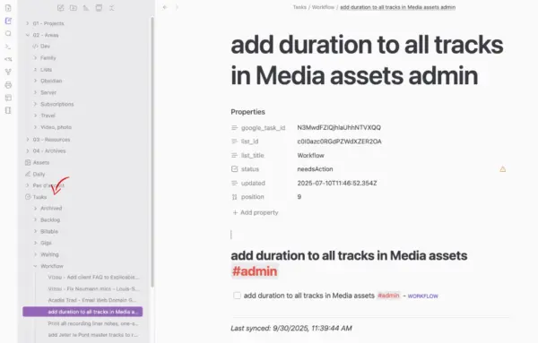 Screenshot of Task parent folder and subfolders with task .md notes, view of one task note