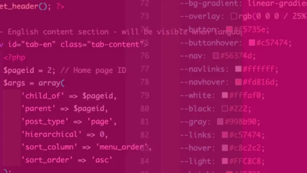 Pink-hued WordPress theming code and CSS on a dark background